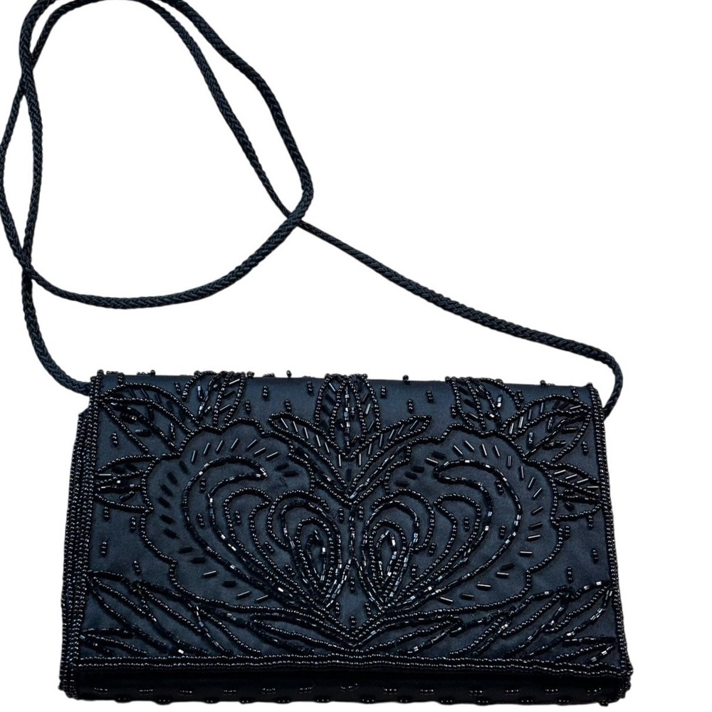 Vintage Partners Mervyns Black Beaded Satin Evening Clutch Shoulder Bag 90s